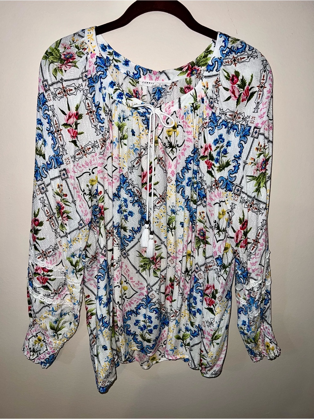 Jane and Delancey White Peasant Blouse with Multicolor Floral and Tile Print